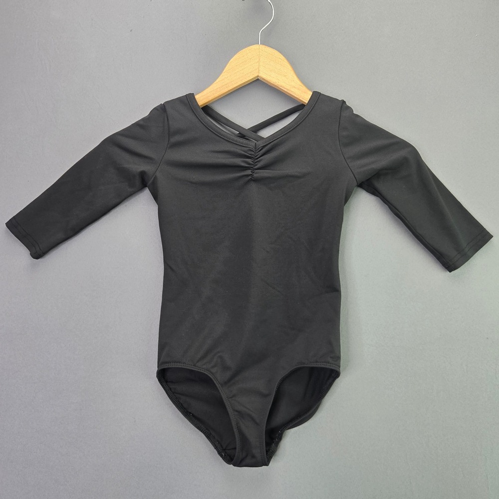 Dance Leotard Long Sleeve Crisscross Back Cinch Neck Black Size S/M 6-8 Yth
